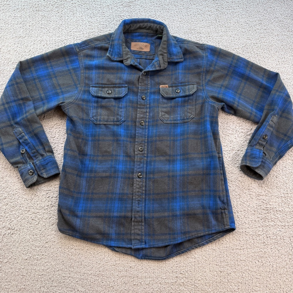 Orvis Men Medium Blue Plaid Fleece Shirt Jacket Shacket Side Pockets 6277